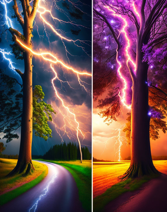 Split-image of trees by road with blue and purple lightning bolts against dramatic skies