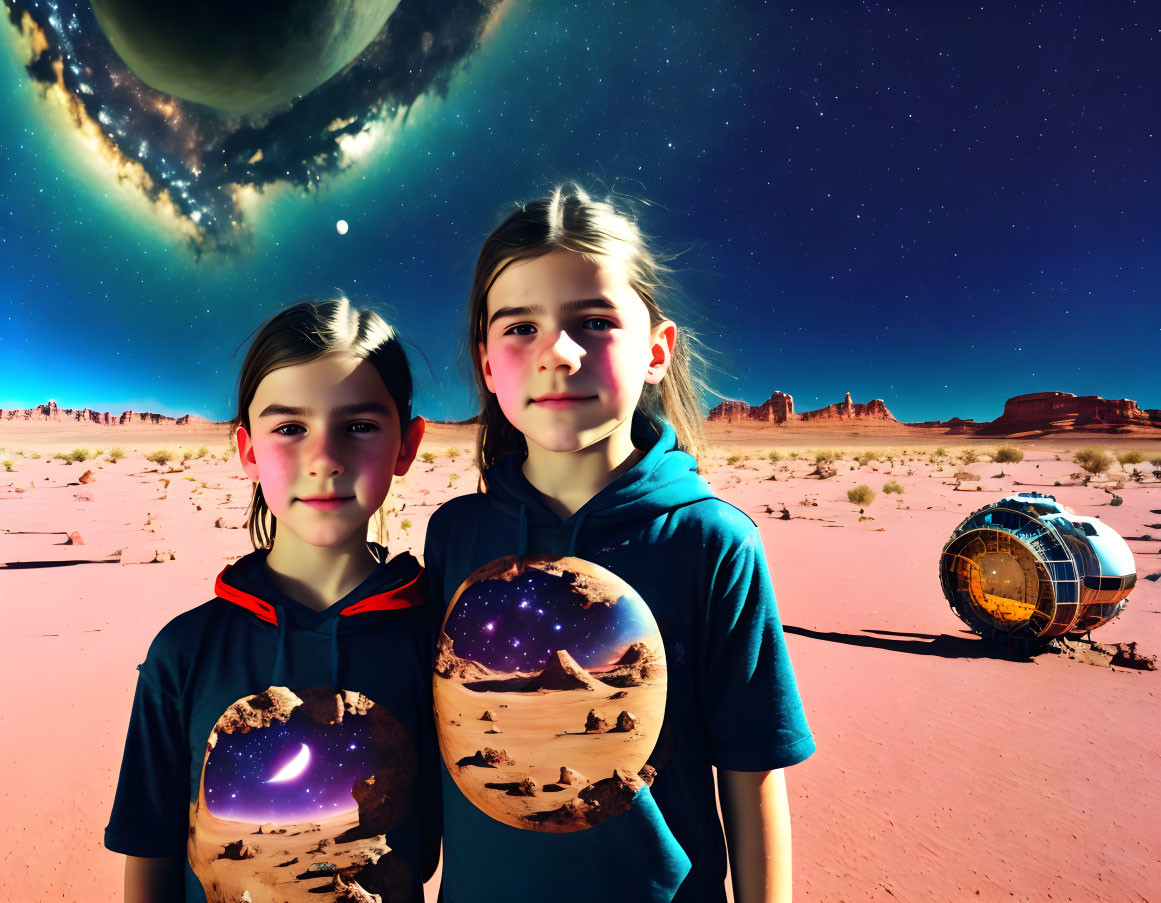 Children in space-themed clothing in desert landscape with crashed space capsule