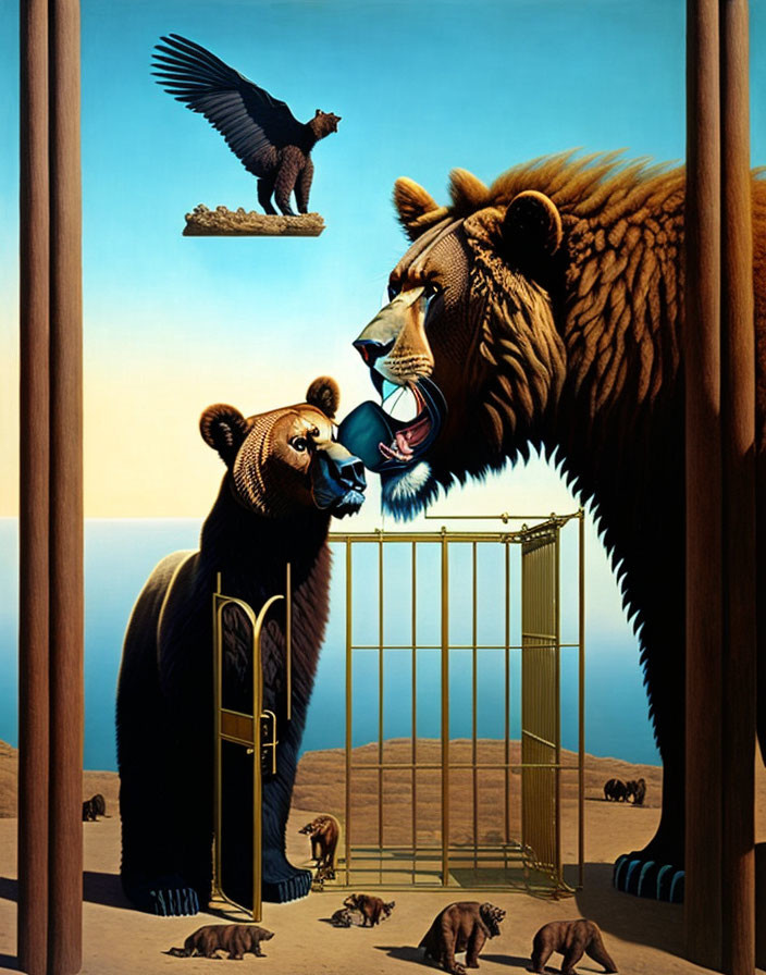 Surreal artwork featuring bear, eagle, and desert landscape