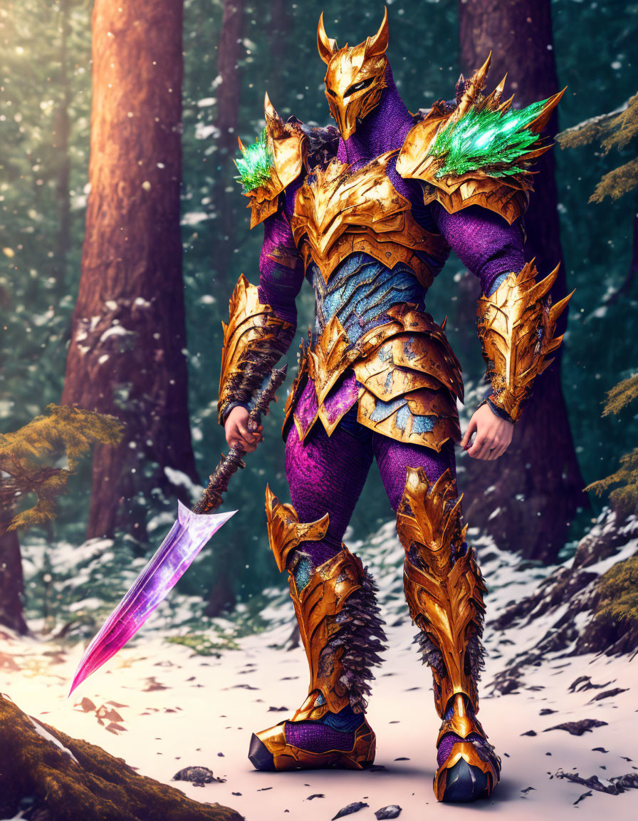 Warrior in Golden Armor with Crystal Sword in Forest