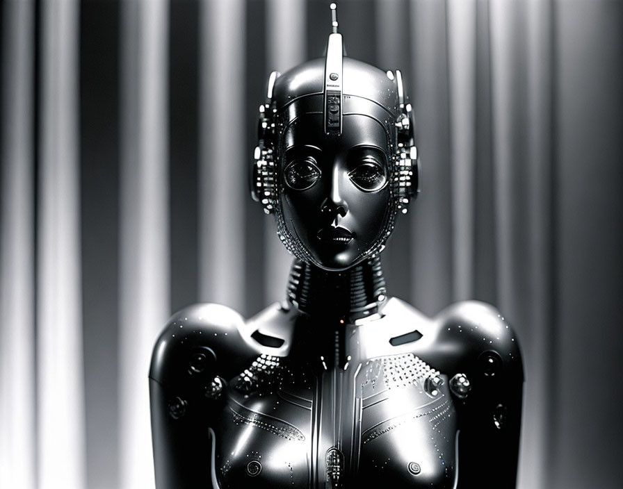 Detailed humanoid robot with female features on striped background