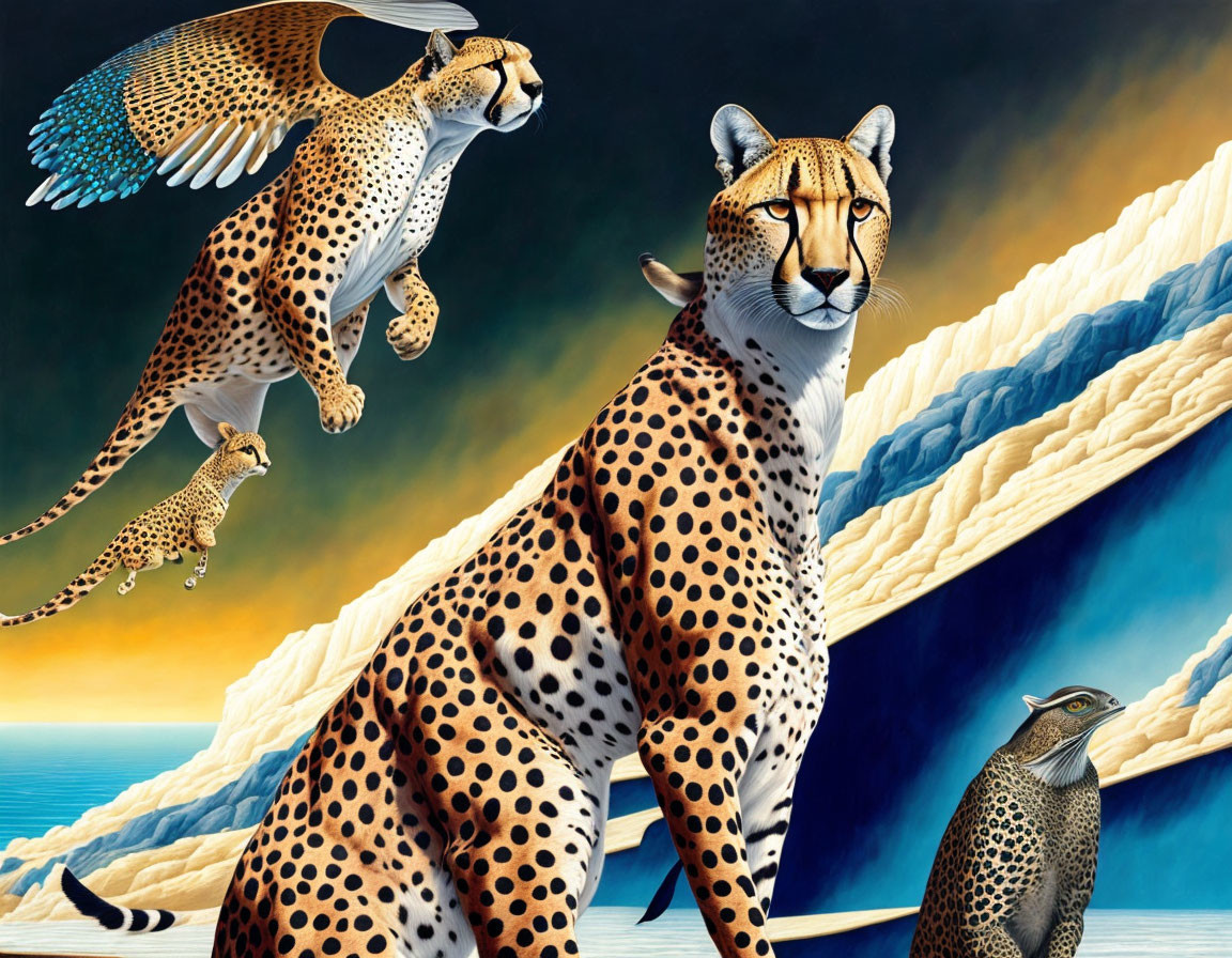 Surreal artwork featuring multiple cheetahs in exaggerated poses and unique backgrounds