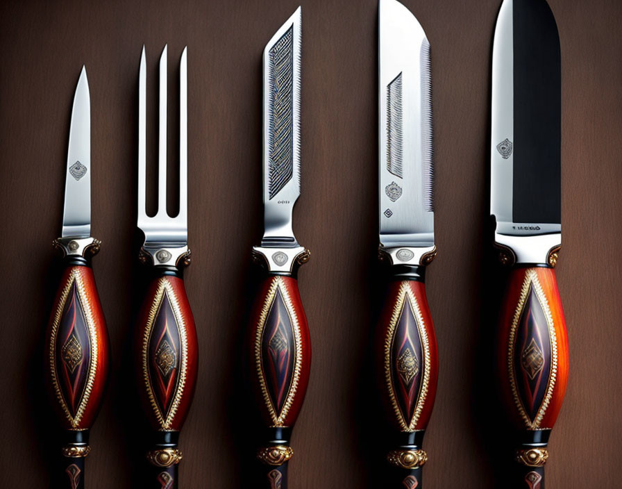 Six elegantly crafted knives with ornate handles on wooden background