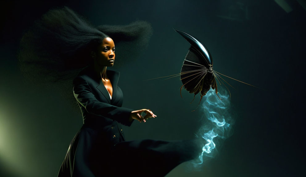Woman with flowing hair holds umbrella in mid-destruction against moody backdrop