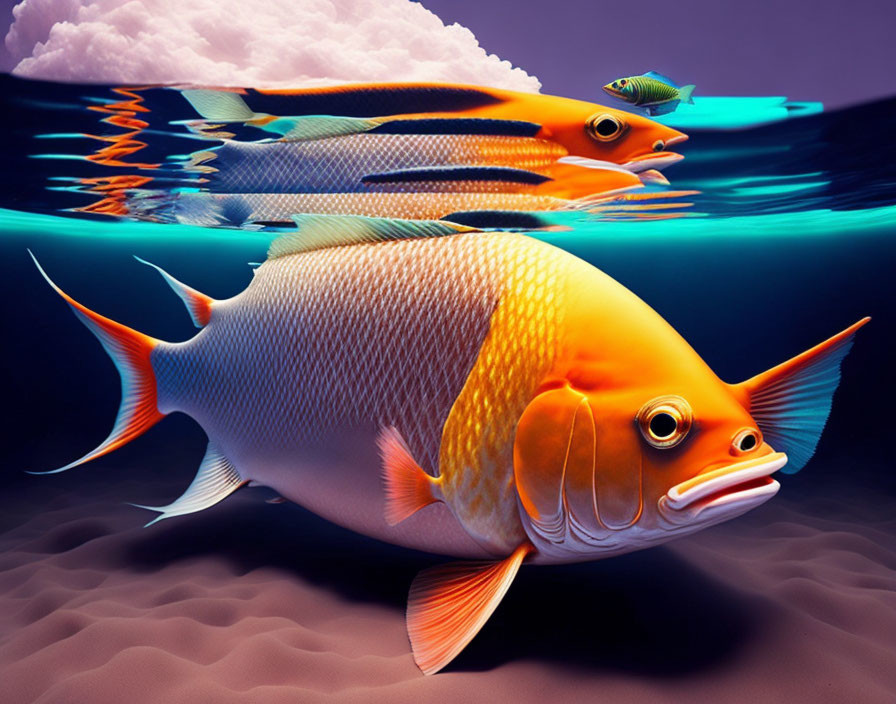 Colorful digital artwork: Orange fish with exaggerated features, swimming near water's surface with reflection and sandy