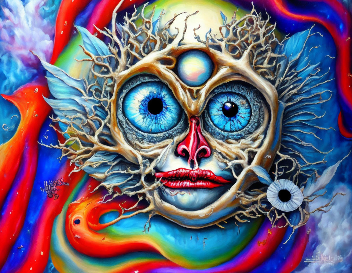 Colorful Surreal Painting Featuring Face of Natural Elements and Cosmic Eyes