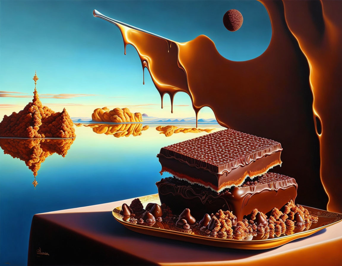 Surreal image of melting chocolate landscapes, floating islands, and biscuit-like structure on plate with
