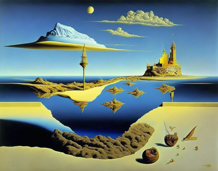 Surrealist painting: Inverted landscape with castle, floating iceberg, starfish, and sailing ship
