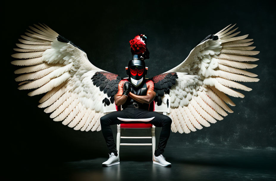 Person in black and red outfit with helmet and mask sitting on chair with large white wings on dark background