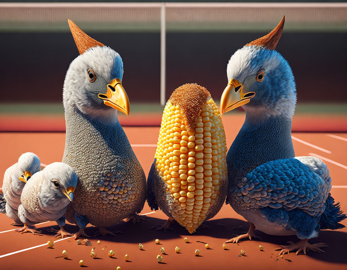 Three bird sculptures with avian-cob corn features on a tennis court.