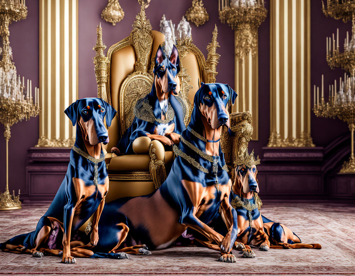Three Doberman Dogs in Royal Attire on Gold Throne in Luxurious Room