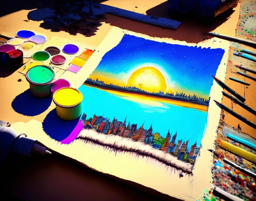 Colorful night cityscape painting with moon reflection over water.