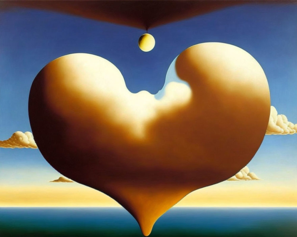 Surrealist Heart-shaped Formation with Floating Drop on Sky and Seascape Background