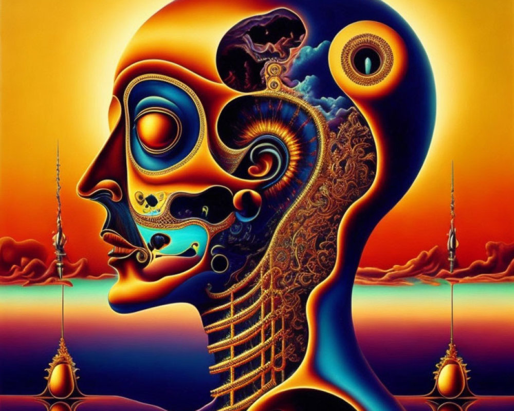 Colorful Surrealist Human Profile Artwork with Mechanical, Cosmic, and Architectural Elements