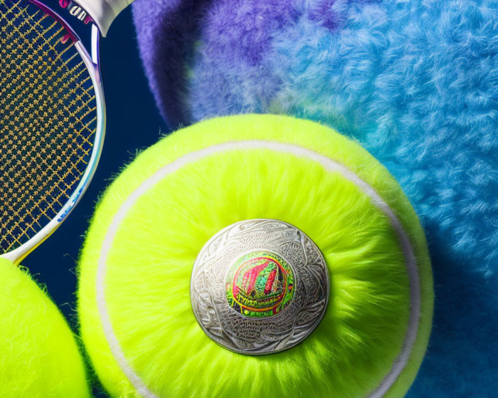 Green fuzzy tennis ball, silver coin, tennis racket on plush blue surface