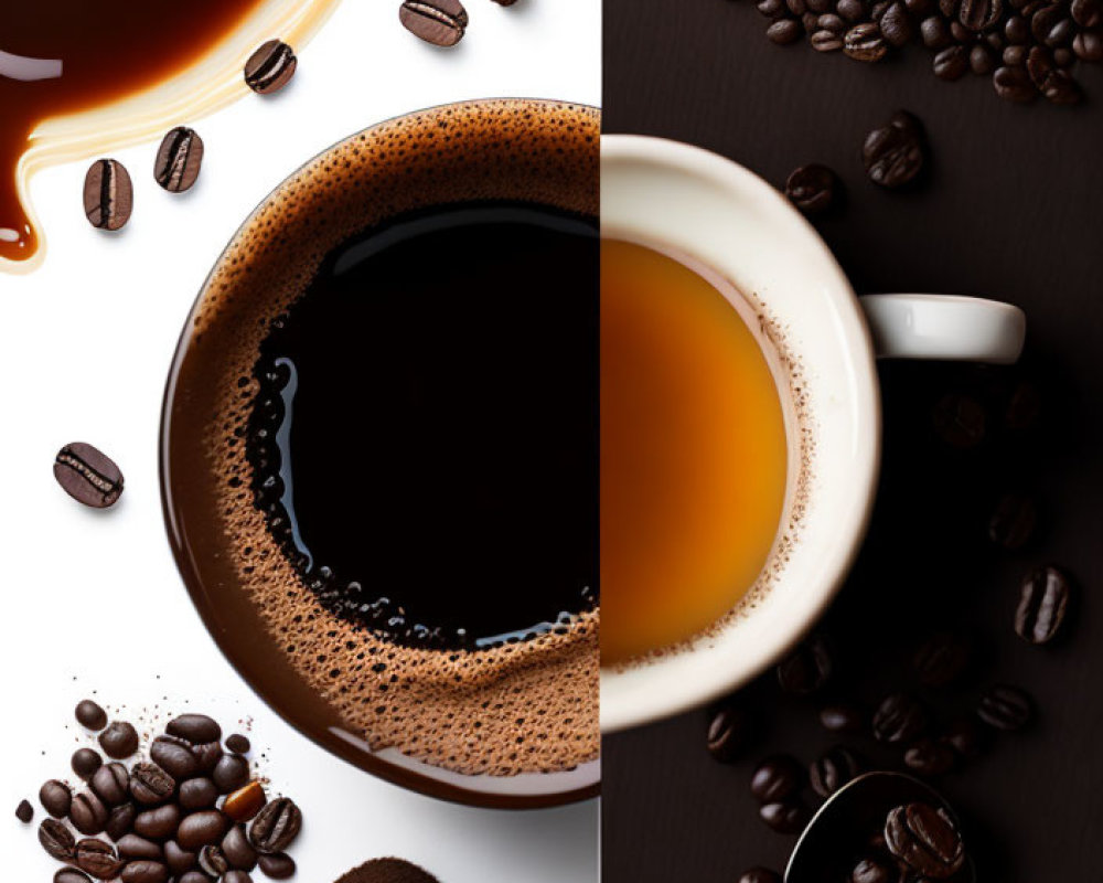 Coffee Collage: Top View of Cup, Beans, Ground Coffee, and Spoon