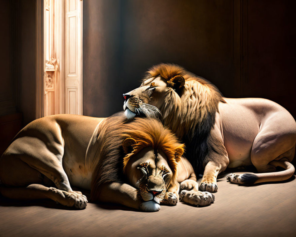Regal lions lounging indoors in affectionate embrace