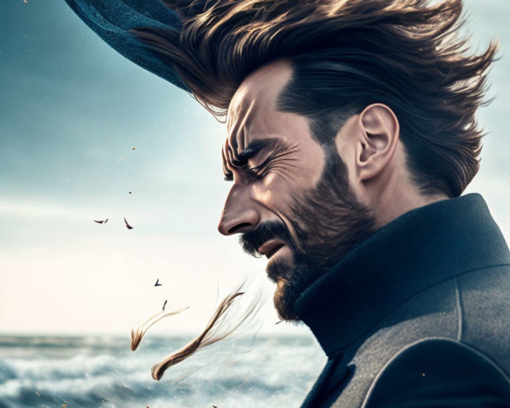 Dramatic image of man with beard and swept-back hair in the wind