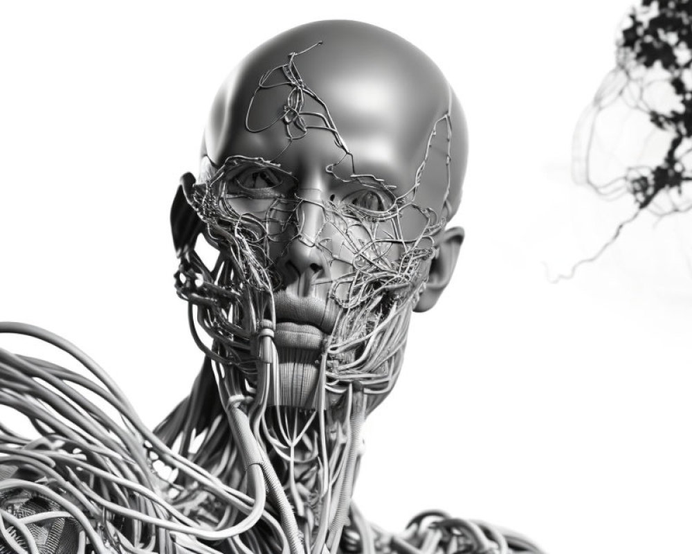Monochromatic conceptual image of humanoid figure with wire and cable head