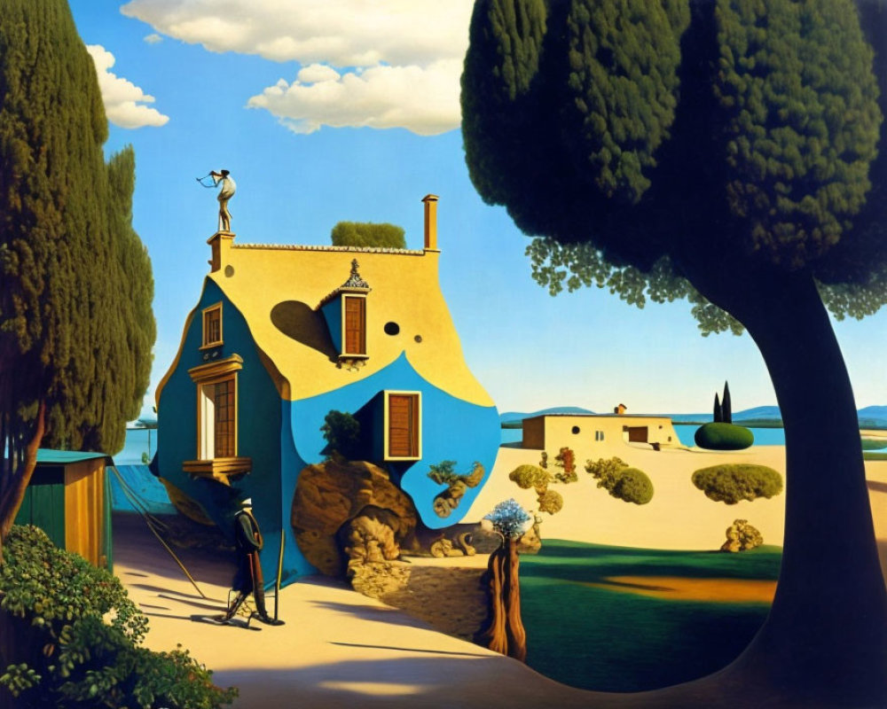 Surrealist painting of blue and yellow house with tree-like figures