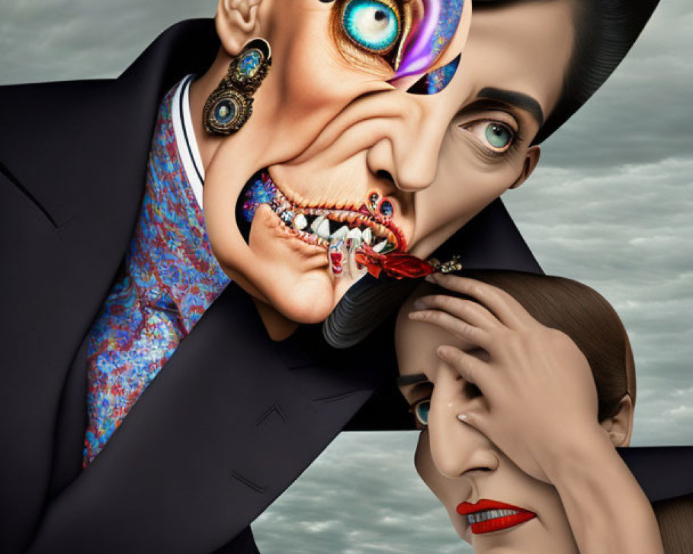 Colorful surreal artwork: man peeling face, revealing intricate designs, woman beside him.
