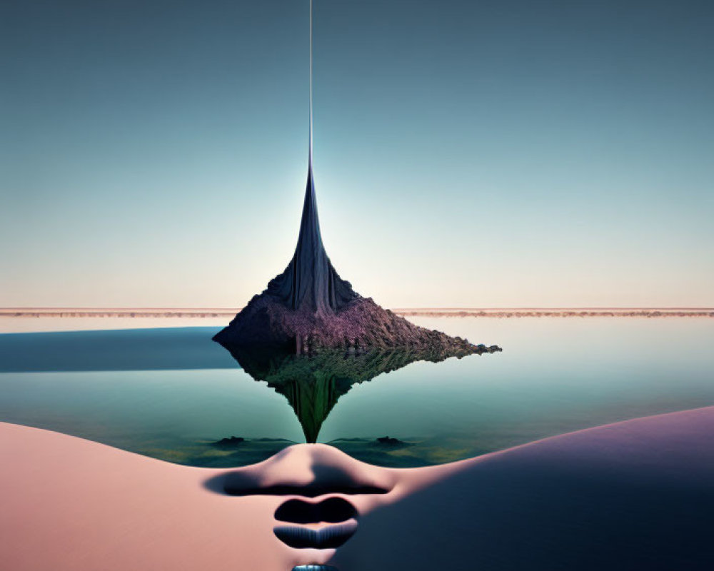 Pointed rock formation reflected in water on hand-shaped island in surreal landscape