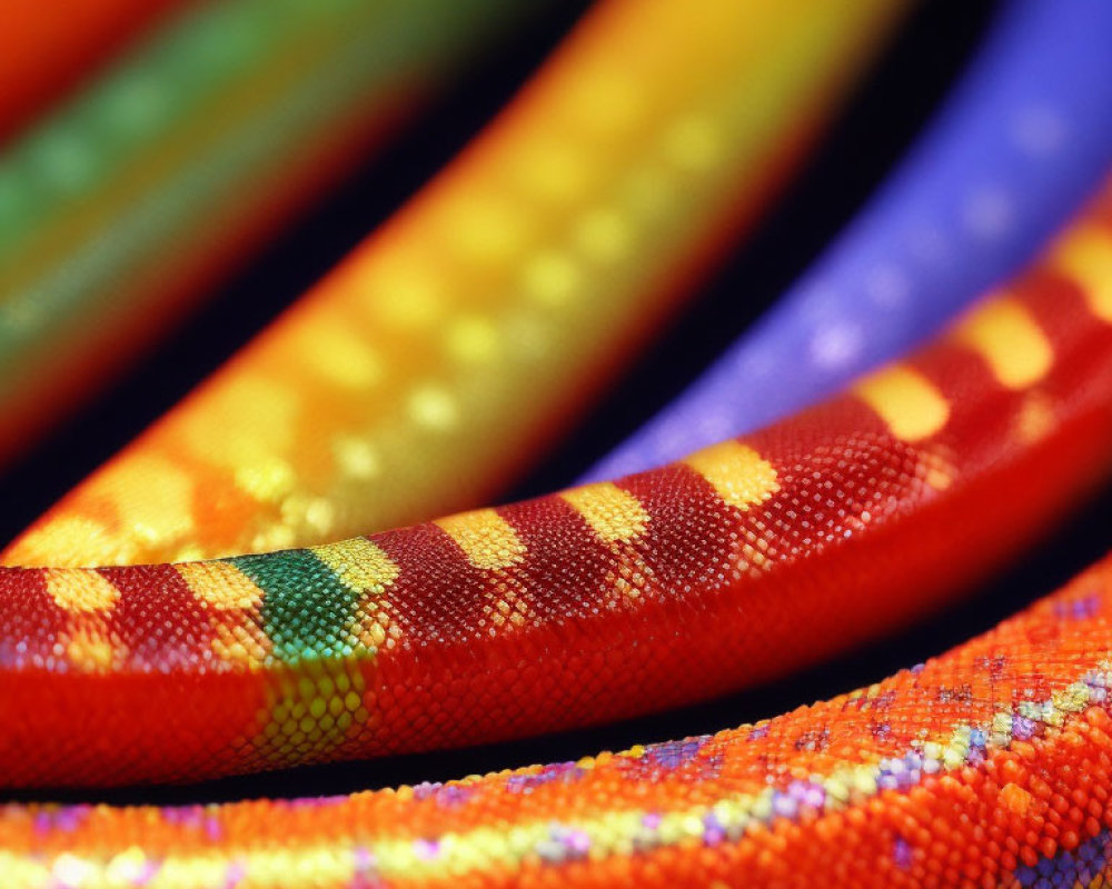 Vibrant close-up of rainbow-hued woven fabric patterns