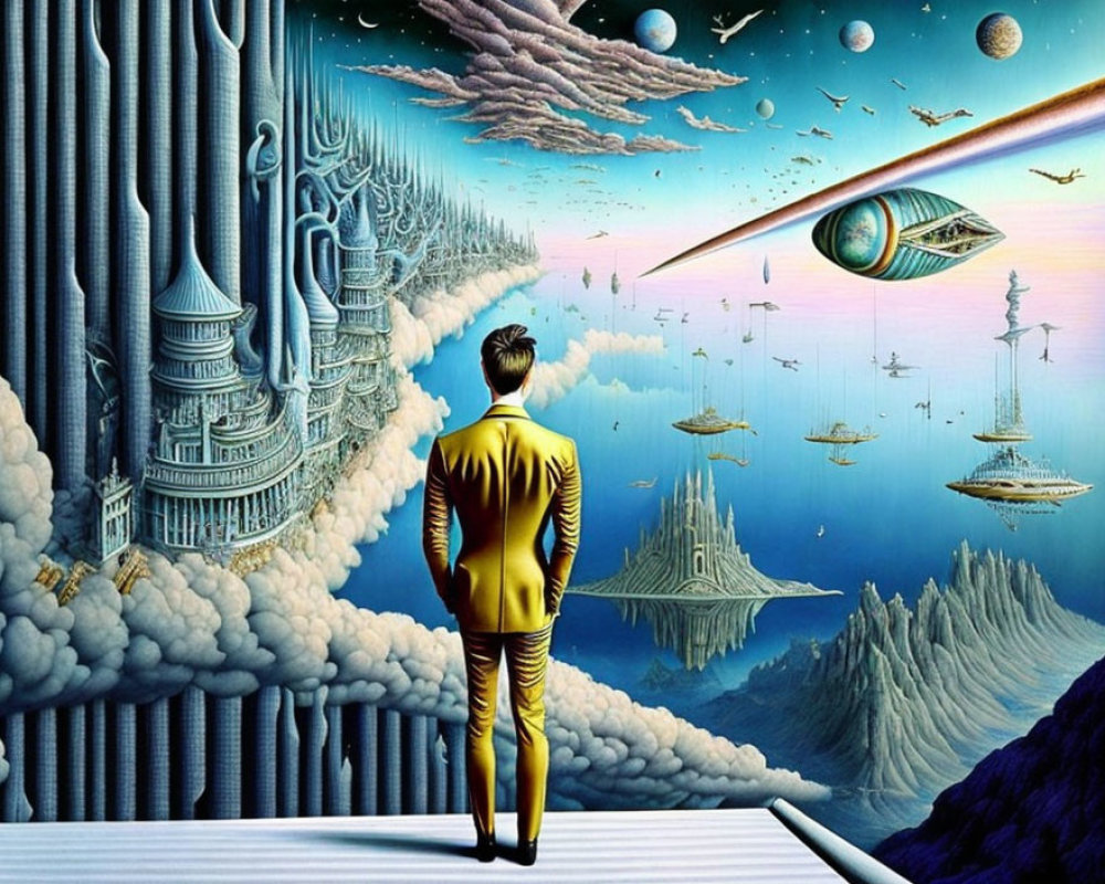 Man in yellow suit on cloud platform gazes at surreal floating islands and spacecraft.