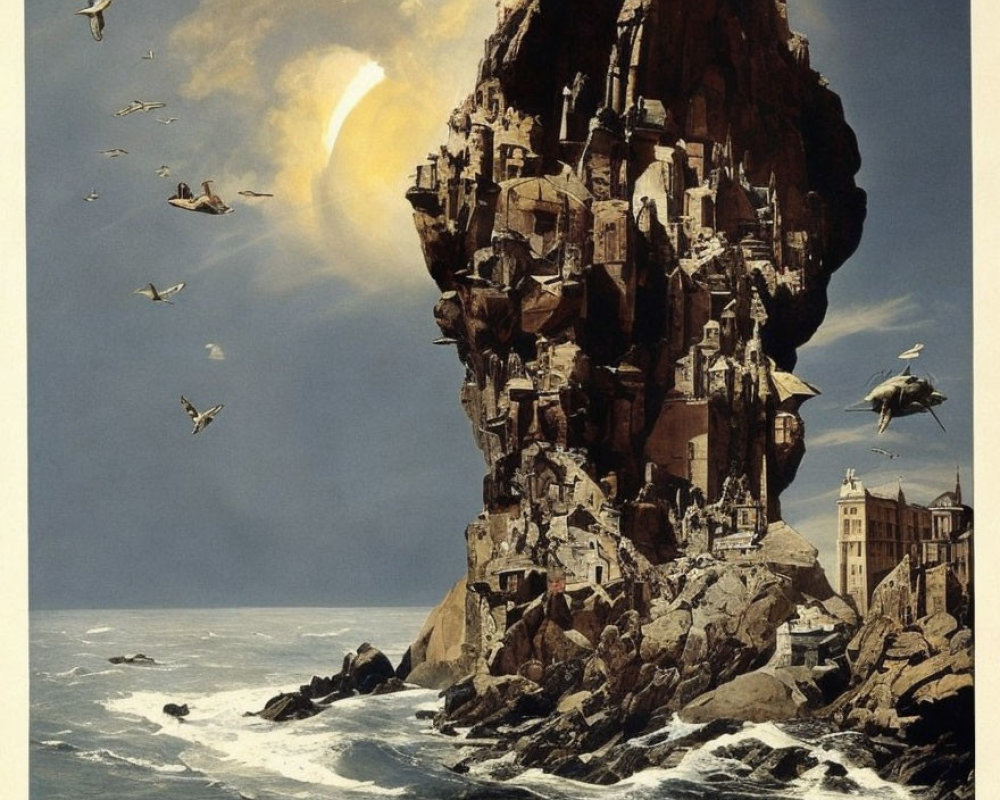 Fantasy landscape featuring towering rock island with dense cluster of houses, crescent moon, birds, and