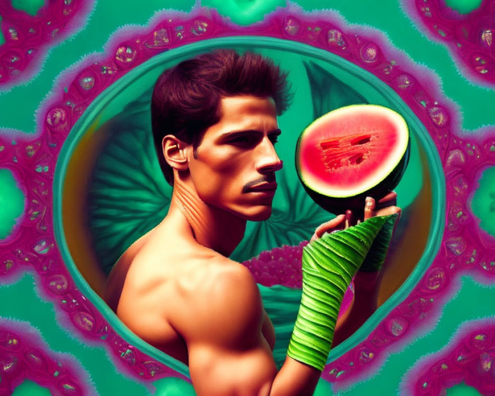 Contemplative man with watermelon against vibrant psychedelic background