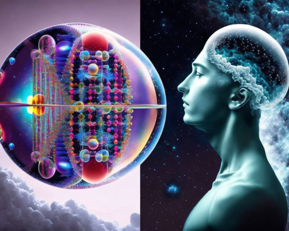 Surreal digital artwork: human profile with cosmic and atomic elements