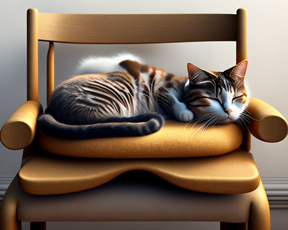 Tabby Cat Sleeping Peacefully on Wooden Chair