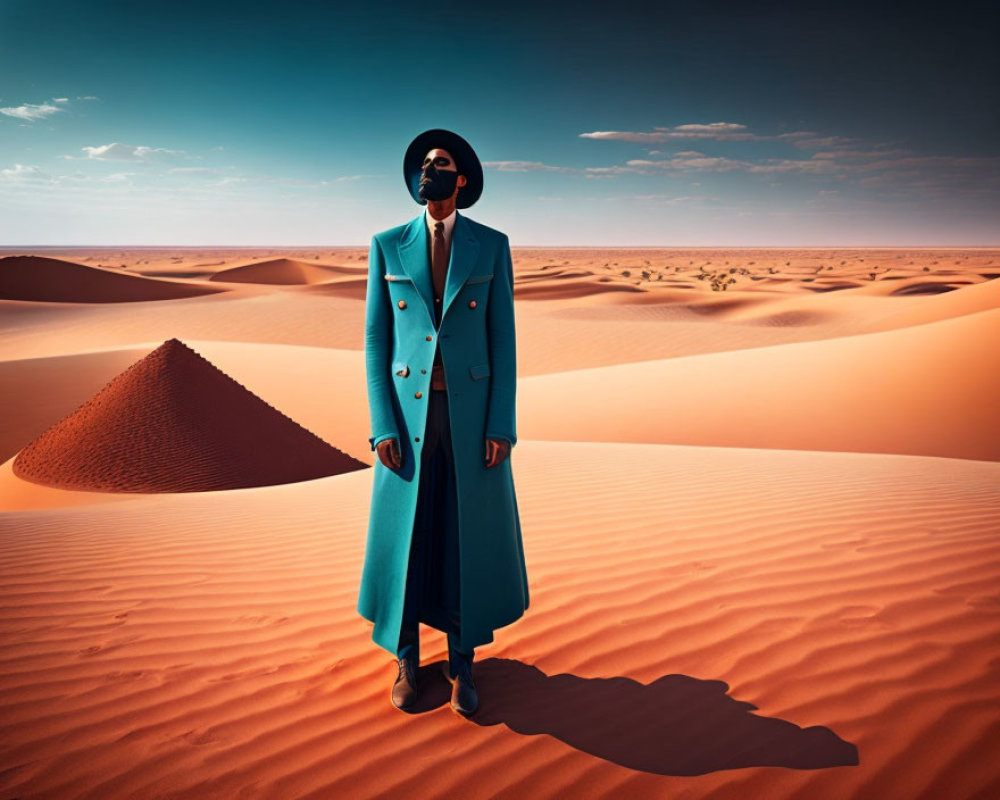Person in Blue Coat and Black Hat in Desert with Sand Dunes and Pyramid