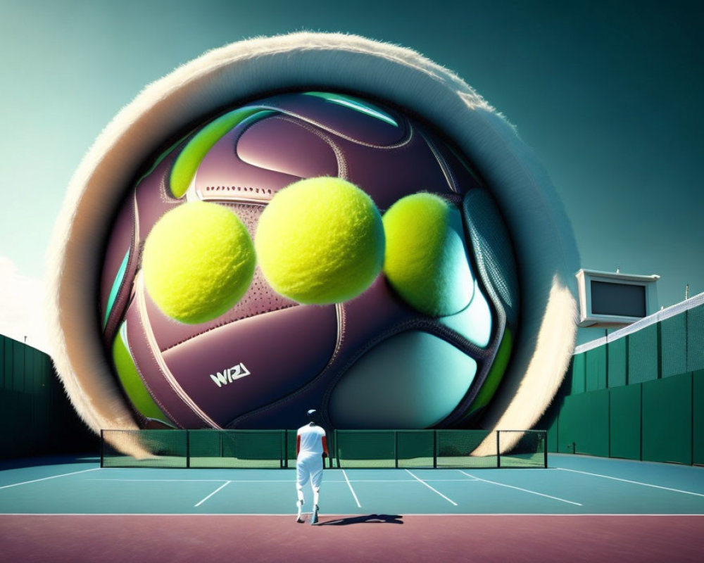 Tennis player on court with oversized surreal tennis ball
