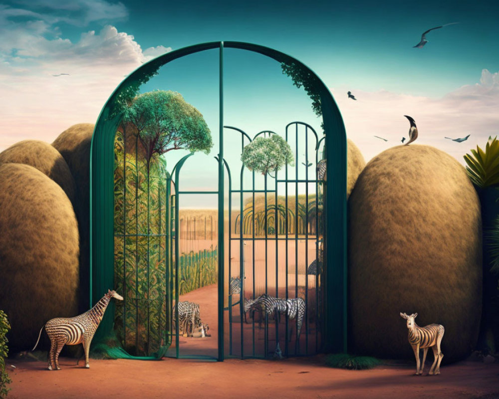 Tree-shaped gate with zebras: Surreal landscape with oversized hedges & birds