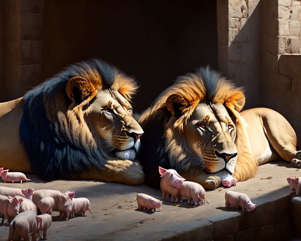 Lions and pigs in sunny ambiance