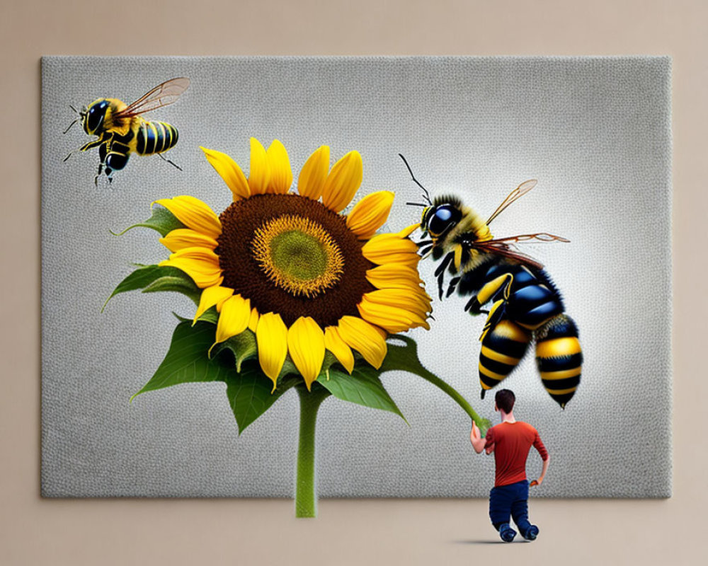 Child in red shirt views hyperrealistic sunflower painting with oversized bees