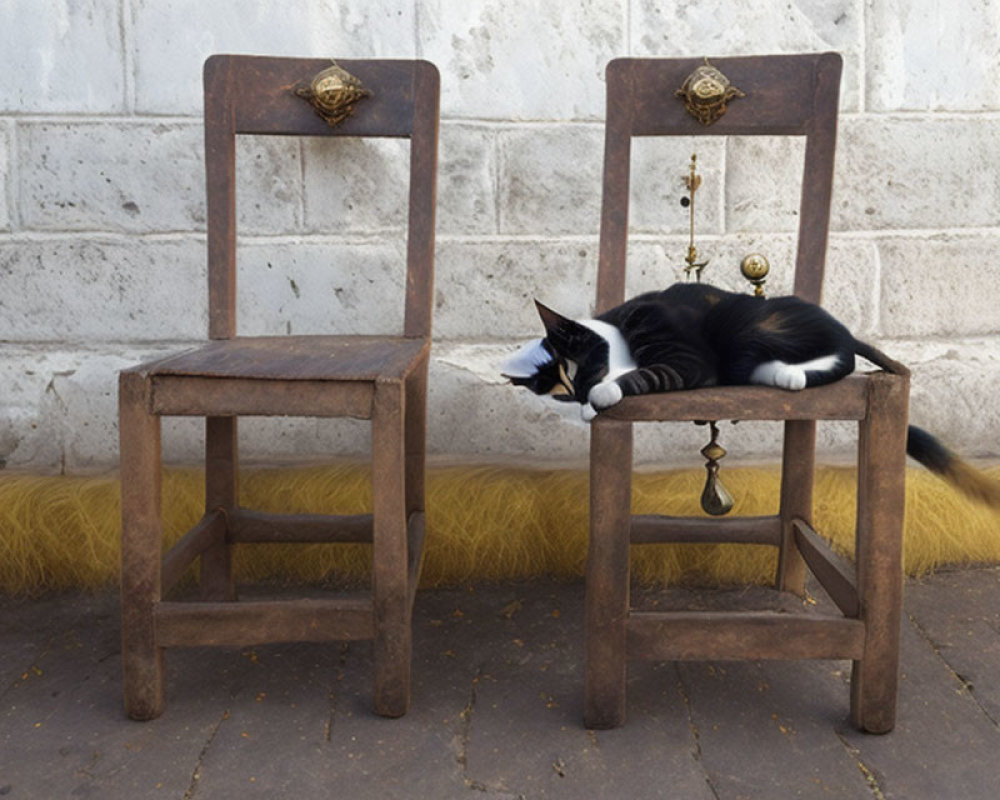 Antique Wooden Chairs with Tuxedo Cat on Yellow Cushion
