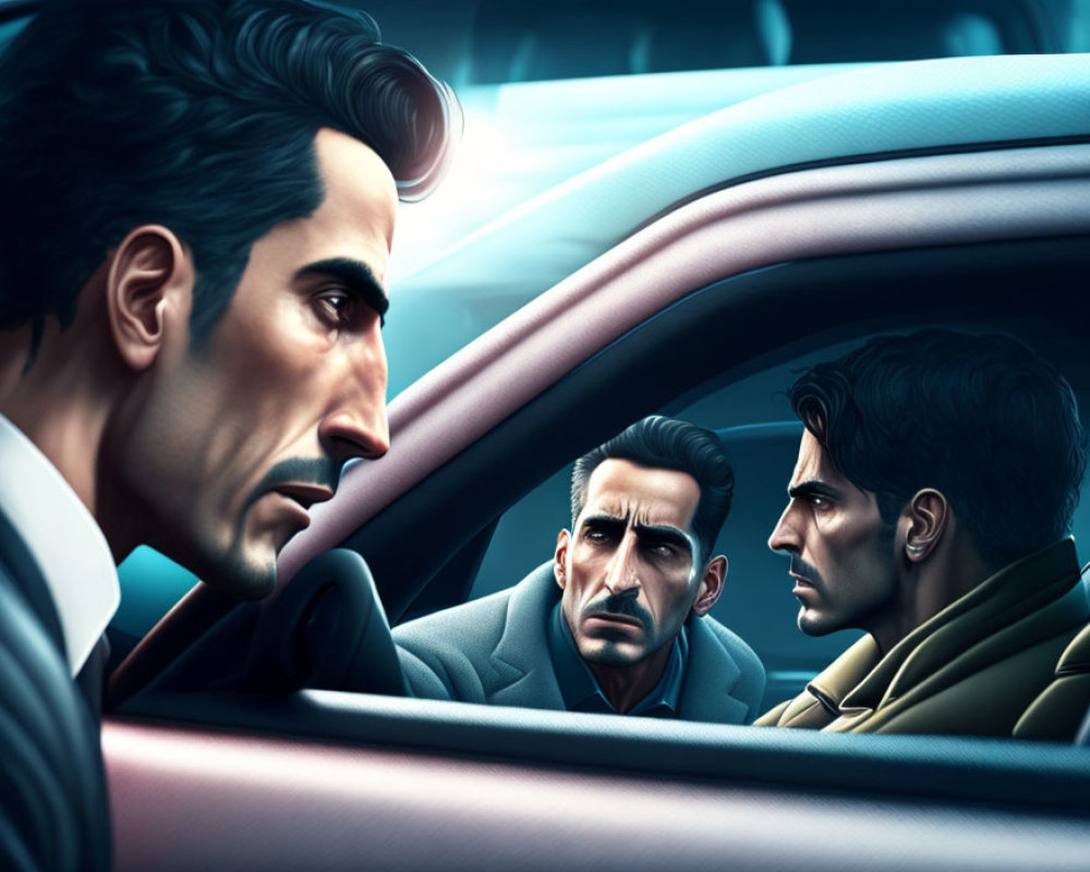 Three men in a car with intense expressions in a dark, moody setting
