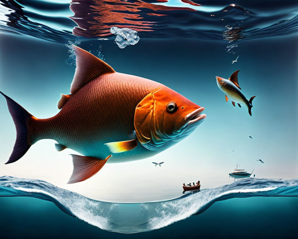 Surreal underwater scene with fish, boat, and ship under blue sky