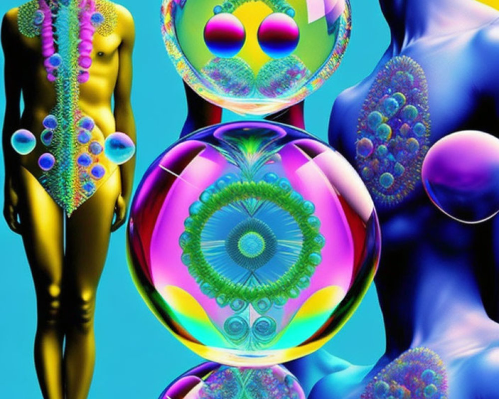 Colorful digital artwork: mannequin figures, abstract patterns, floating spheres
