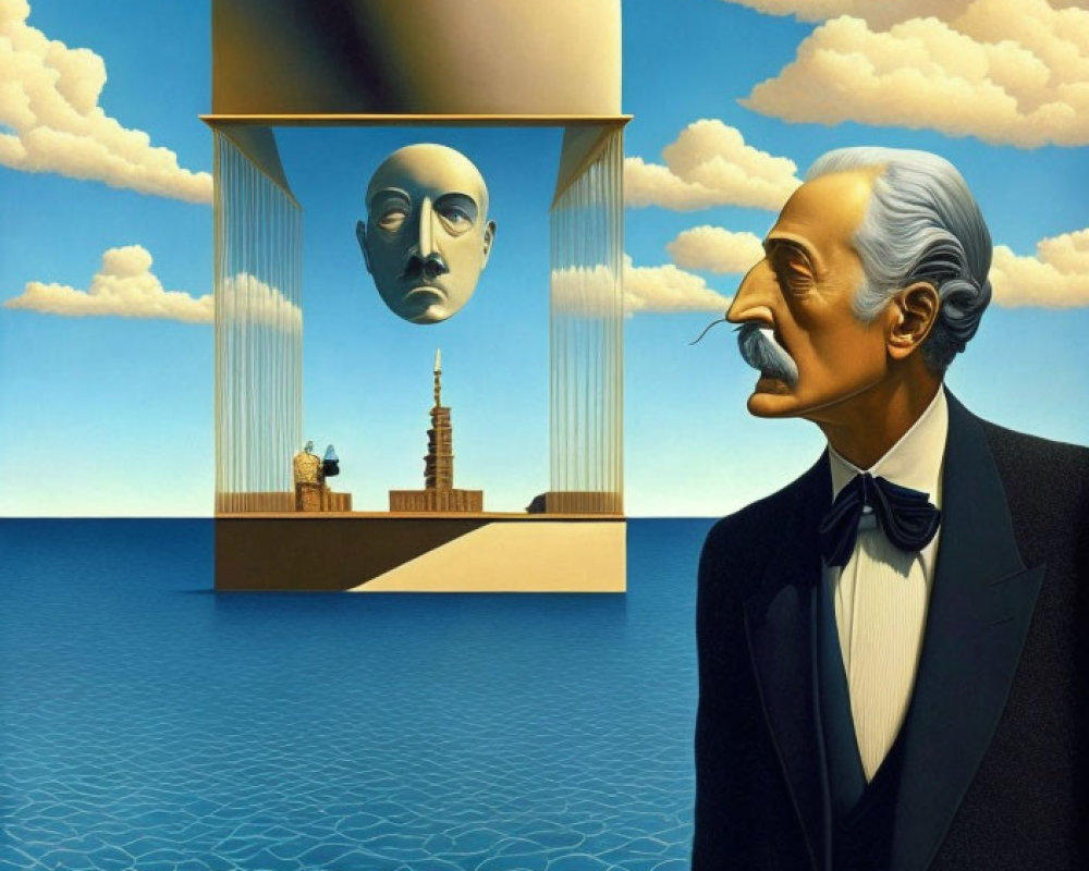 Surreal painting: man with mustache by water, giant head floating above miniature landscape
