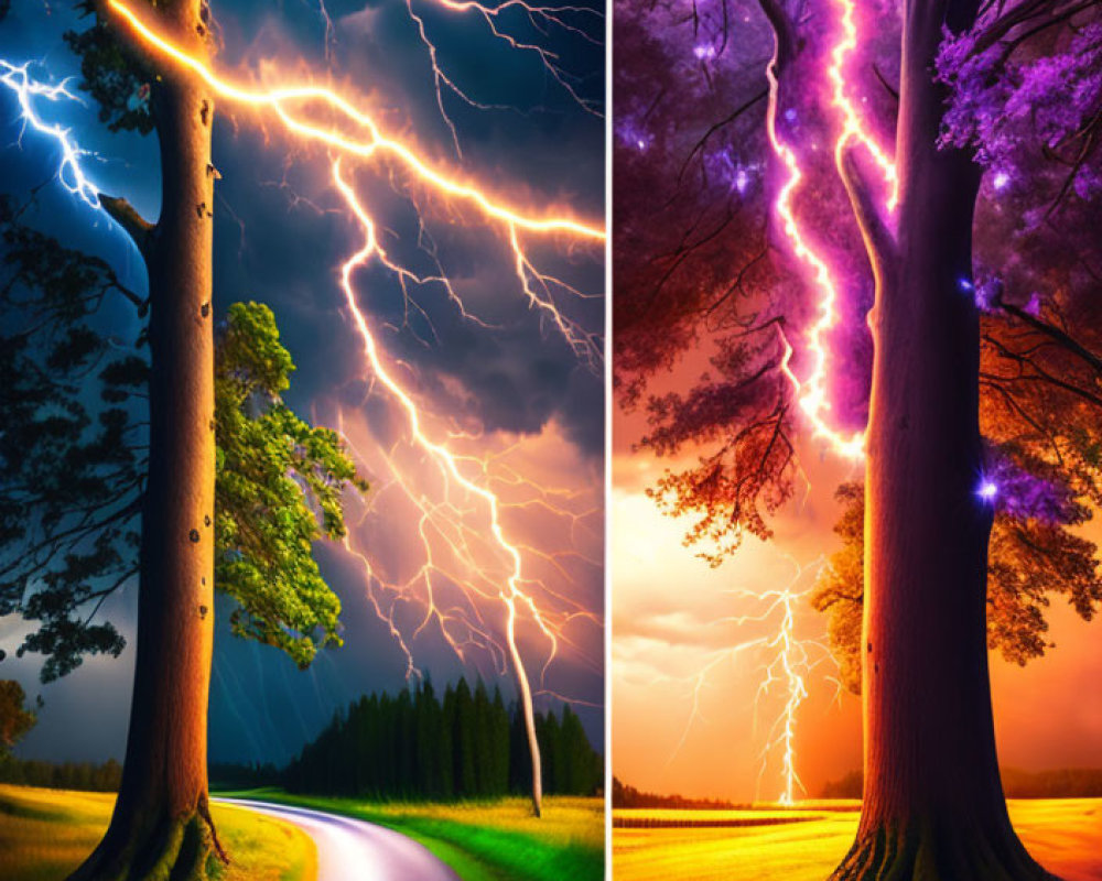Split-image of trees by road with blue and purple lightning bolts against dramatic skies