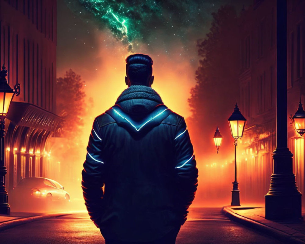 Man in illuminated jacket on misty night street with cosmic event in sky