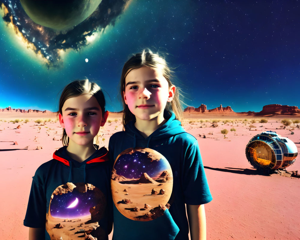 Children in space-themed clothing in desert landscape with crashed space capsule