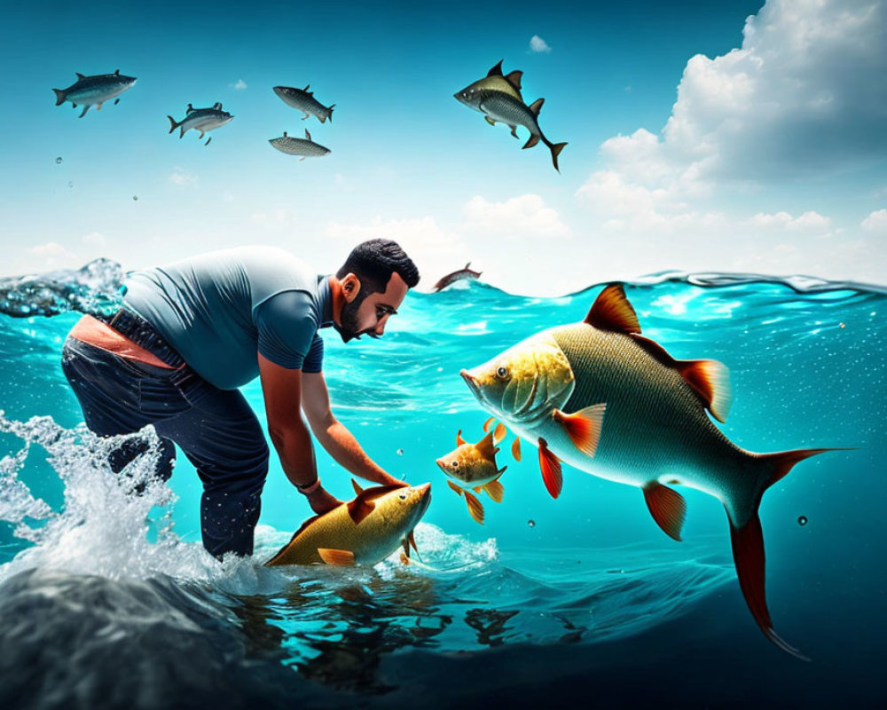 Man interacts with oversized fish in surreal ocean scene