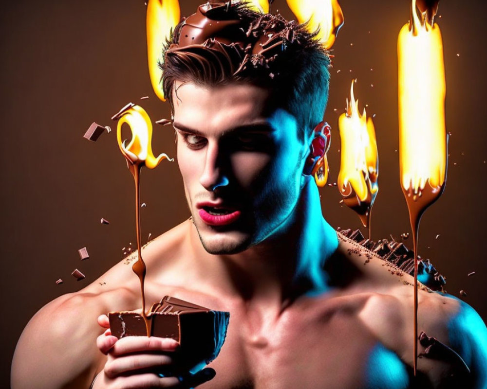 Man covered in chocolate holding broken cup with flames and melting chocolate