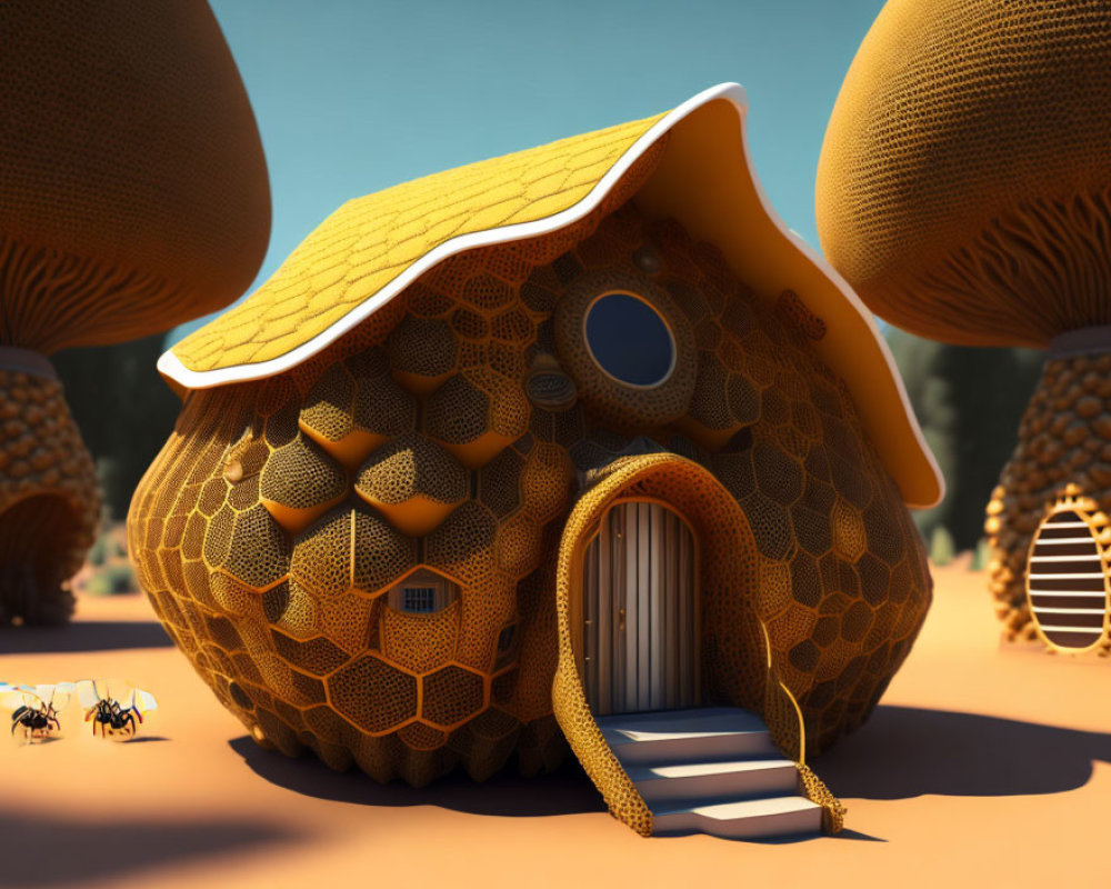 Unique Beehive-Shaped House with Hexagonal Patterns and Giant Ants in Whimsical Landscape