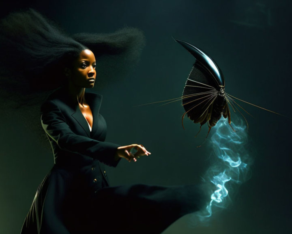 Woman with flowing hair holds umbrella in mid-destruction against moody backdrop