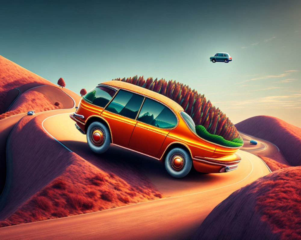 Futuristic orange car with green growth on back driving on surreal road
